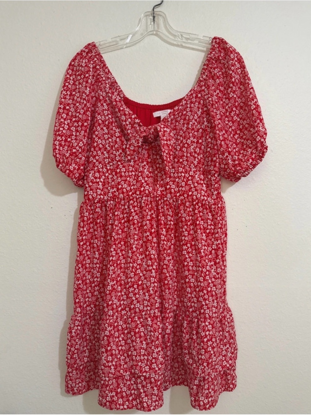 LC Lauren Conrad Red Floral Tie-Front Puff Sleeve Dress